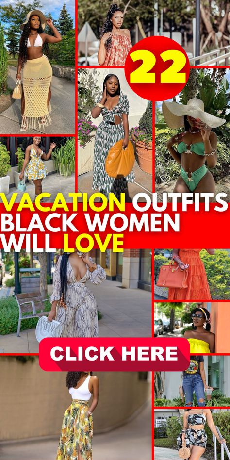 When it comes to vacation outfits for black women, it's all about balancing style and comfort. Whether you're traveling to a tropical destination like Jamaica, the Bahamas, or the Caribbean, or heading to a bustling city like Dubai, the key is to pack versatile pieces that can be mixed and matched. For beach vacations in places like Florida or Hawaii, pack lightweight, breezy outfits like sundresses, rompers, and bathing suit cover-ups. If you're going on a cruise Vacation Outfits Black Women Jamaica, Outfit Ideas For Cruise Vacation Black Women, Jamaica Style Outfit Ideas, Bahamas Cruise Outfits For Black Women, What To Wear On An Island Vacation, Jamaica Travel Outfits, Mix And Match Bathing Suits, Mombasa Outfit Ideas, Dubai Vacation Outfits Black Women