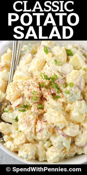 This easy classic potato salad recipe is simple, delicious, and always a hit. We love making this homemade potato salad recipe for barbecues! #spendwithpennies #potatosalad #potatoes #potato #salad #sidedish #side Essen, Red Skin Potato Salad, Old Fashioned Potato Salad, The Best Potato Salad, Best Potato Salad, Homemade Potato Salads, Egg Potato, Best Potato Salad Recipe, Potato Salad Dressing