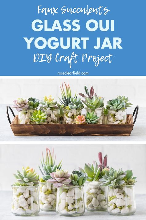 An easy DIY tutorial for faux succulents using upcycled glass Oui yogurt jars! A simple home decor craft project for any budget. The perfect gift idea. #DIY #upcycled #homedecor #fauxsucculents Small Jar Diy Ideas, Small Plastic Jar Crafts, Upcycling, Upcycled Glass Jars Ideas, Upcycled Oui Yogurt Jars, What To Do With Glass Yogurt Jars, Oui Glass Jar Ideas, Painting Oui Yogurt Jars, House Shelves Decor