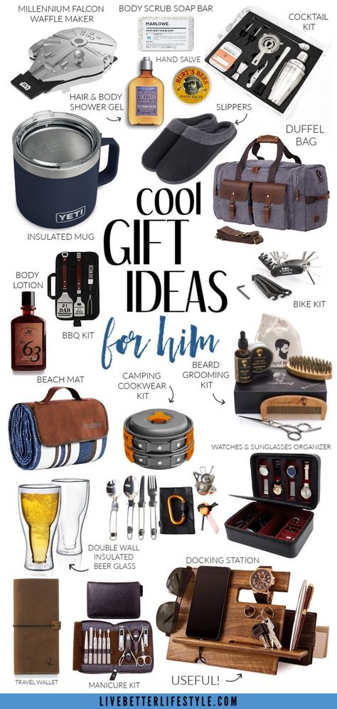 Gift guide for him - Best holiday gift ideas for men, perfect for husbands, dads, friends or co-workers. Work Gifts For Men, Men's Birthday Gifts, Men’s Presents, Garage Gifts For Men, 40th Birthday Ideas For Men Husband Unique Gifts, 40th Gift Ideas For Men, Tool Gifts For Men, Husband Christmas Gift Ideas For Him, Men Gift Basket Ideas For Him