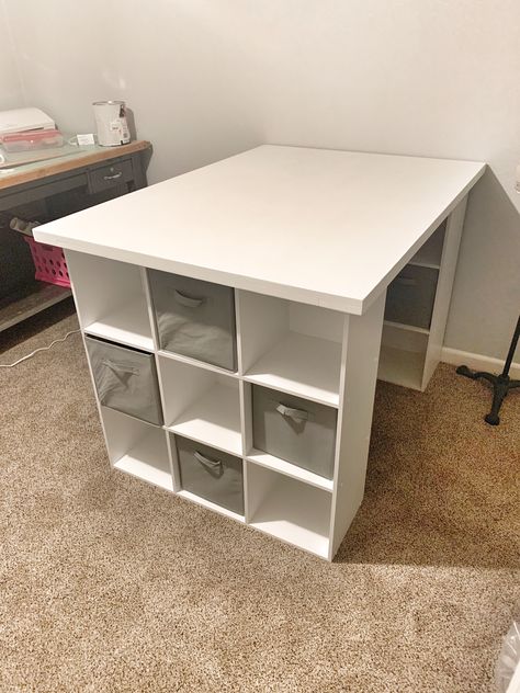 DIY Craft Table — Ashley Diann Designs Craft Room With Windows, Hobby Table Ideas, Cube Storage Work Table, Ikea Counter Height Craft Table, Craft Room Tables Work Stations Ikea, Craft Room Table Diy, Work Bench Craft Table, Craft Desk Diy Small Spaces, Cube Organizer Desk Diy