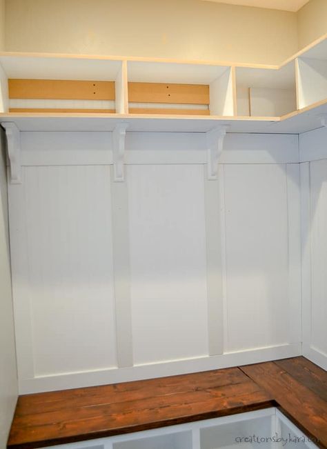 Corner Mudroom Bench, Beadboard Mudroom, Corner Mudroom, Mudroom Corner, Mudroom Shelves, Mud Room Cubbies, Diy Corner Bench, Bench With Cubbies, Cubby Bench