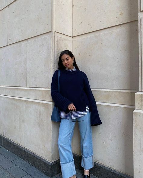 blue-jeans-outfits-295821-1634676434316-image Blue Stripe Shirt Outfit, Navy Blue Sweater Outfit, Dark Blue Jeans Outfit, Blue Outfit Winter, Blue Top Outfit, Jean Shirt Outfits, Blue Striped Shirt Outfit, Blue Sweater Outfit, Blue Shirt Outfits