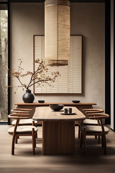 Japandi dining room with wood table, chairs and wall art. Minimal colors and a large potted plant complete the look Japandi Dining Room Design, Asian Dining Room, Japandi Dining Room, Japandi Kitchen Design, Japandi Living Room Design, Japandi Kitchen, Japandi Living Room, Japandi Interior Design, Japandi Interiors