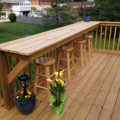 Small Back Deck With Stairs, Wide Deck Stairs Ideas, Upper Deck Decorating Ideas, Bar Leaner, Enclosed Carport, Deck Remodel, Deck Bar, Fence Options, Court Yard