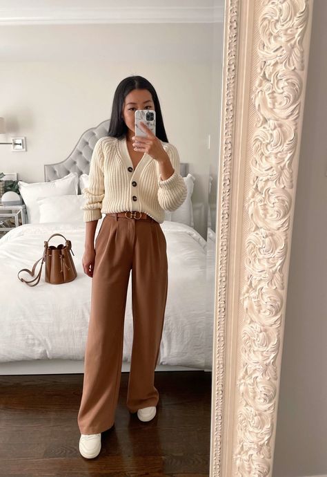 Casual Outfit With Dress Pants, Dress Down Dress Pants, Flat Pants Outfit, Trendy Trouser Outfit, Wide Leg Trouser With Sneakers, Wide Leg Trousers Outfit Sneakers, Wide Long Pants Outfit, Cardigan And Dress Pants Outfit, Fall Pants Outfit Classy