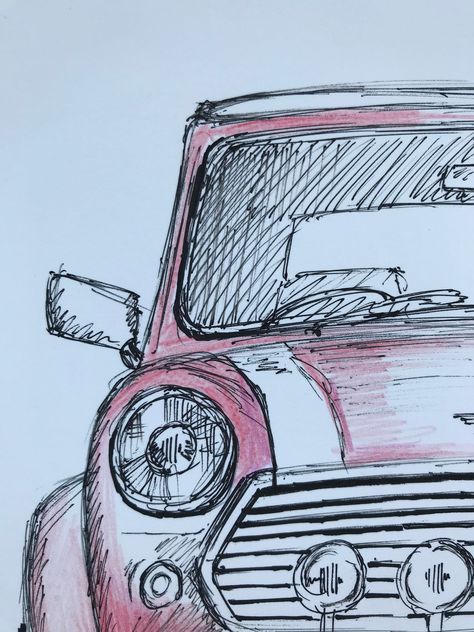 Mini Cooper (1992) - Original Ink Sketch -  #cooper #Ink #Mini #Original #sketch Croquis, Mini Ink Drawings, Mini Cooper Painting, Mini Cooper Sketch, Mini Car Drawing, Mini Cooper Tattoo, Mini Cooper Drawing, Car To Draw, Cars Drawing Easy