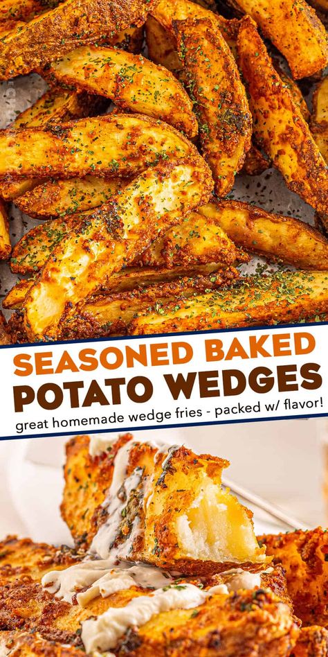 These Baked Potato Wedges are seasoned with zesty blend of spices and baked until gloriously crispy on the outside, and soft and fluffy inside! They're the perfect side dish! Side Dish Thanksgiving, Baked Potato Wedges, Desserts Thanksgiving, Potato Wedges Baked, Thanksgiving Menu Ideas, Potato Recipes Side Dishes, Potato Sides, Potato Wedges, Potato Side Dishes