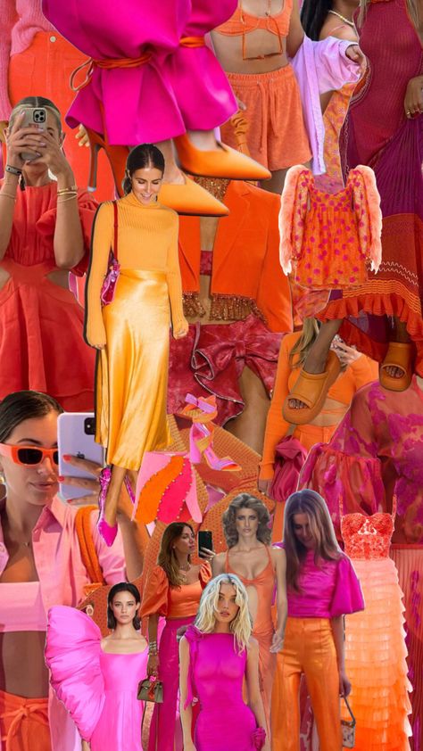 Pink And Orange Dress Combination, Bright Pink Outfit Aesthetic, Bright Color Party Outfit, Hot Pink Orange Outfit, Tequila Sunrise Dress Theme, Bright Color Brunch Outfits, Bright Pink And Orange Aesthetic, Sunset Colors Outfit, Sunset Aesthetic Outfits