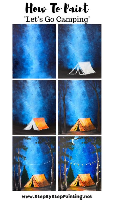 Paint Night Beginner, Painting Ideas For Beginners On Canvas, Cool Art Drawings Painting, Free Paint Night Tutorial, Sup And Paint Ideas, Night Camping Painting, Silhouette Art Tutorial, Camping Painting Acrylic, Easy Camping Paintings