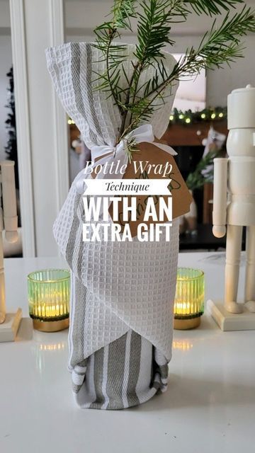 Dish Towel Wrapped Wine Bottle, Wrap Wine Bottle In Tea Towel, How To Wrap Wine Bottles Gift, Wine Bottles Gift Wrap, Wine Bottle Christmas, Bottle Gift Wrapping, Wine Wrap, Wrapped Wine Bottles, Chirstmas Gift