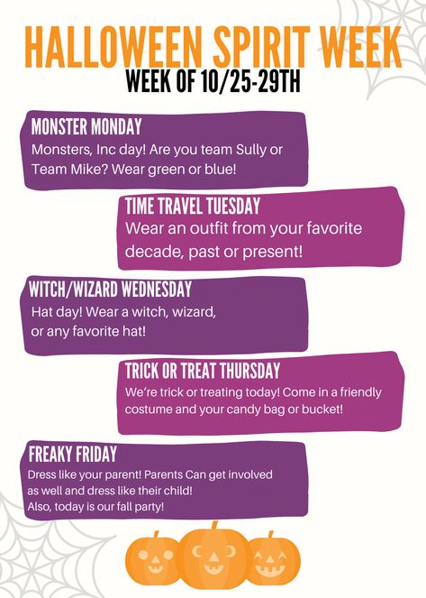 October Dress Up Days, Fall Break Spirit Week, Halloween Spirit Days For School, Halloween Theme Week, Halloween Theme Week Ideas, Preschool Halloween Spirit Week, Spirt Week Ideas For Work, Halloween Spirt Week Ideas School, Halloween Dress Up Days For School