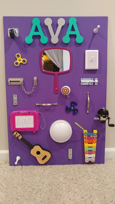 A little activity/sensory board I made for my nieces first birthday!   #diytoddlerboard #busyboard #diy #firstbirthdaypresent #1stbirthday #babygirlpresents #activityboard #babysensoryboard Wall Busy Board Diy, Sensory Busy Board Diy, Busy Board Ideas Diy, Fidget Board Diy, Sensory Boards For Toddlers, Activity Boards For Toddlers, Diy Baby Activities, Felt Board Diy, Sensory Board For Babies