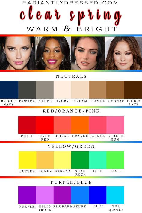 All About Clear Spring: Explore the 12 Seasons at Radiantly Dressed Bright Clear Spring Color Palette, Spring Color Palette Outfits, Clear Spring Color Palette, Bright Spring Color Palette, Clear Spring Palette, Radiantly Dressed, True Spring Color Palette, Light Spring Color Palette, True Spring Colors