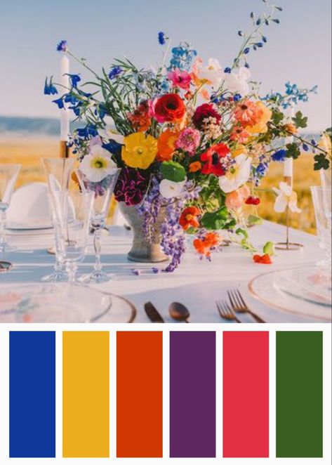 Bright Autumn Color Palette Wedding, Colourful Wedding Colour Palette, Summer Wedding Flowers August, Bright And Bold Color Palette Wedding, Bold Spring Color Palette, Red Yellow Blue Wedding Color Palettes, Rainbow Color Wedding Theme, Bright Colour Palette Wedding, Wedding Colour Schemes Bright