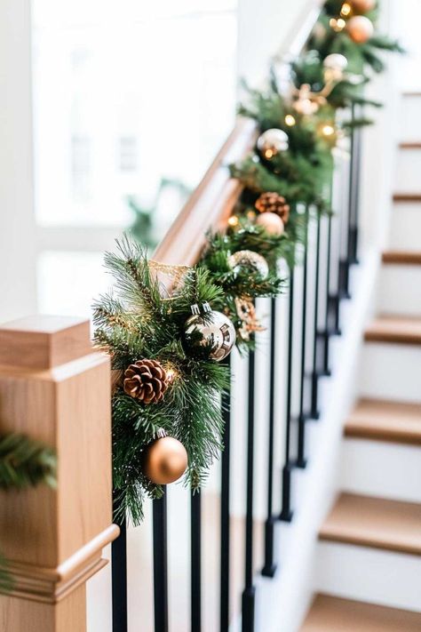 Christmas Staircase Decor (15) Holiday Banister Decor, Staircase Xmas Decor Ideas, Stairs Garland Christmas, Banister Christmas Decor Railings, Christmas Decor Ideas For Staircase, Banister Garland Christmas, Garland On Staircase Christmas, Christmas Staircase Decor Railings, Christmas Railing Decor Indoor