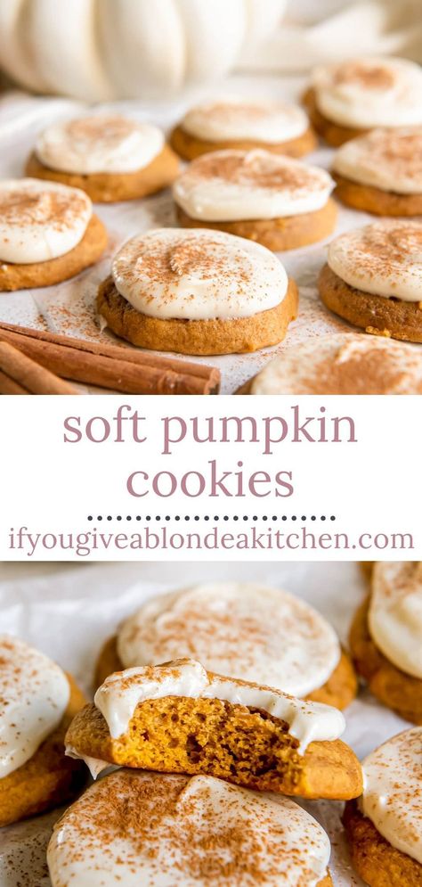 Fall Recipes Baking Desserts, Soft Pumpkin Cookies With Cream Cheese Frosting, Pumpkin Cookie Frosting, Fall Desserts Recipes Easy, Pumpkin Cinnamon Cookies Easy, Soft Baked Pumpkin Cookies, Fall Recipes Easy Desserts, Best Dessert Recipes For Thanksgiving, Pumpkin Cream Cookies