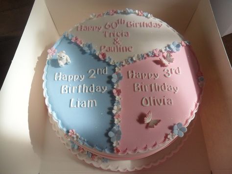 Cake For Triplets Birthday, Group Birthday Cake Ideas, Duo Birthday Cake Ideas, Birthday Cake For Multiple Birthdays, Cute Birthday Cakes For Mom, Multi Theme Cake, Triplet Birthday Cake, Multiple Birthday Cake Ideas, Shared Birthday Cake Ideas