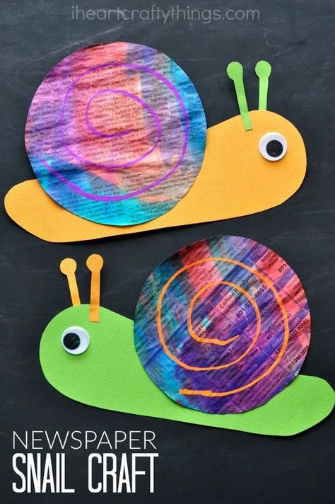 Paint newspaper with watercolors and then turn it into this bright and colorful newspaper snail craft for kids. It is such a happy and cheerful craft and makes a perfect spring kids craft or summer kids craft. Tk Crafts, Garden Crafts For Kids, Snail Craft, Insect Crafts, Plant Crafts, Bug Crafts, Spring Crafts For Kids, Summer Crafts For Kids, Owl Crafts