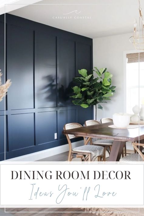 Dining Room Ideas No Windows, Dinning Room Wall Panels, Dining Room Accent Wall Modern, Slat Dining Room Wall, Dining Room Accent Wall Farmhouse, Dining Room With Board And Batten Wall, Black Dining Room Feature Wall, Dining Room With Wainscotting Paint Colors, Dining Room With Blue Accent Wall