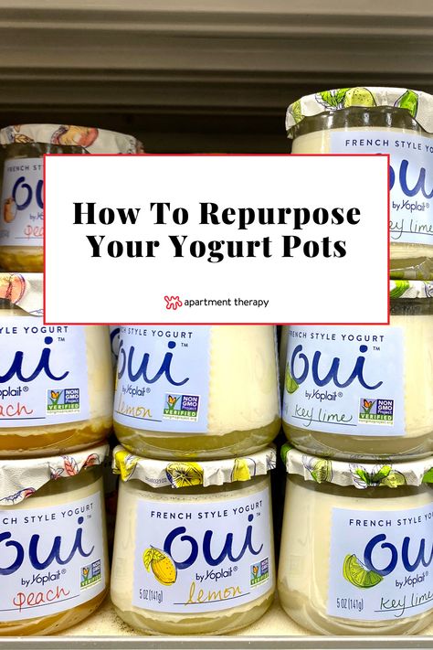 Upcycling, Uses For Oui Yogurt Containers, Yoplait Glass Jar Crafts, Crafts With Yogurt Jars, Glass Yogurt Jar Crafts, Le Fermiere Yogurt Pot Crafts, Upcycle Oui Yogurt Jars, Upcycle Yogurt Containers, Repurposed Formula Containers