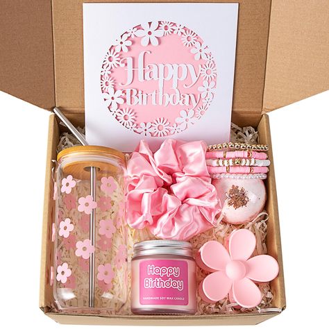 PRICES MAY VARY. What's In The Box: This thoughtfully curated gift set includes a 16oz retro flowers coffee glass cup with a bamboo lid and straw, a HAPPY BIRTHDAY candle, a bath bomb, a flower hair clip, a silk scrunchie, a set of clay beaded bracelets, a paper cut happy birthday card, and a cute box package with paper filling. Happy Birthday Gift Box: Delight your mother, friend, significant other, teen girl, daughter, wife, or girlfriend with this beautifully curated birthday gift box. Unlike Aesthetic Birthday Gift Box Ideas, Ideas For Friends Gift, Mini Gift Baskets For Women, Gift Box Self Care, Good Birthday Gifts For Mom, Girly Bday Gifts, Birthday Gift For Best Friend Ideas, Birthday Basket For Daughter, Retro Gifts Ideas