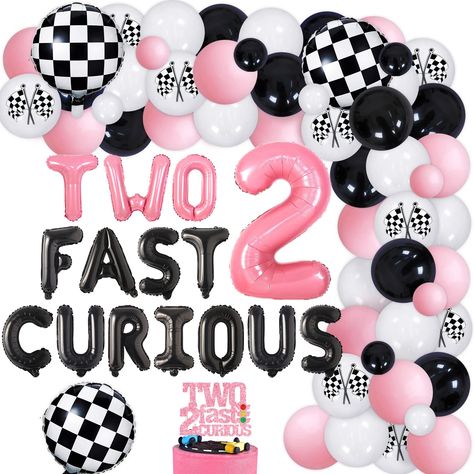 PRICES MAY VARY. Pink Racing Car 2nd Birthday Party Set: This set includes 90 pcs, which are 50* Latex balloons 12 inch, 15* Latex balloons 5inch, 1* Pink number, 2 foil balloon, 1* TWO FAST CURIOUS foil balloon, 3* Round Plaid foil balloons, 1* Cake topper, and we will also give you some assembly tools to help you create a perfect pink racing car birthday party. Two Fast Curious Set: Let's have a fast and furious competition! Car theme party can let you feel a whirlwind experience! Racing is no Simple 2nd Birthday Party For Girl At Home, Two Year Old Theme Party, Growing Up Two Fast Birthday Girl, Two Year Old Birthday Party Themes, 2 Year Birthday Theme Girl, Two Year Old Birthday Party Girl, Pink Racing Car, Car 2nd Birthday Party, Fast And Furious Birthday