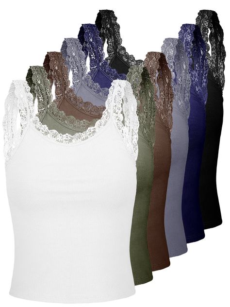 PRICES MAY VARY. Lace Tank Tops: lace straps cami uses lace trim design at the neckline and shoulder strap, besides womens lace camisole adopts scoop neck, which can show your charm; Lace camisoles undershirt is elegant and charming, which can make you stand out in the crowd 6 Colors: you will receive 6 pieces of women's lace patchwork camisole in different colors, including white, military green, coffee, gray, navy blue and black; A variety of colors can meet your daily matching and replacement Low Cut Blouses, Lace Cami Top, Lace Trim Cami, Tank Tops For Women, Lounge Lingerie, Lace Straps, Lace Camisole, Lace Cami, Tank Top Camisole