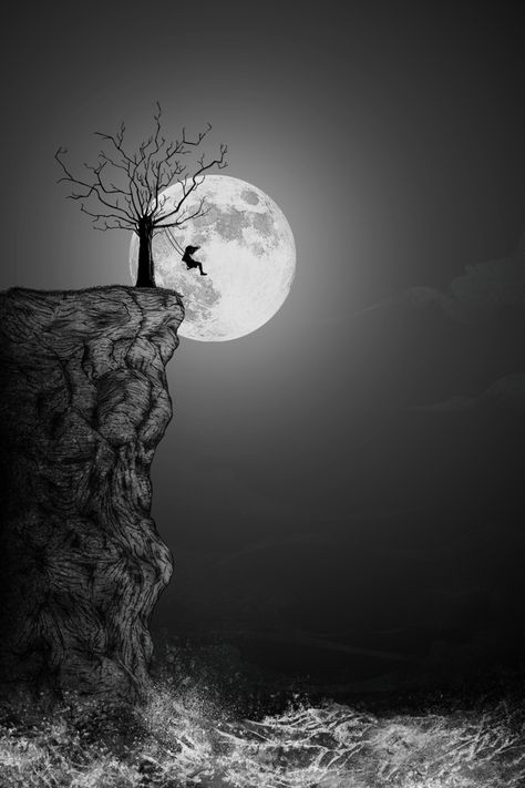 No fear by sebasebi on DeviantArt ~ Wow, 3 things I love in one pic: The Moon, The Sea & Silhouettes Creepy Vintage, Moon Pictures, Seni Cat Air, Shine Your Light, Beautiful Moon, Black And White Photo, Alam Semula Jadi, Fantasy Illustration, Moon Art