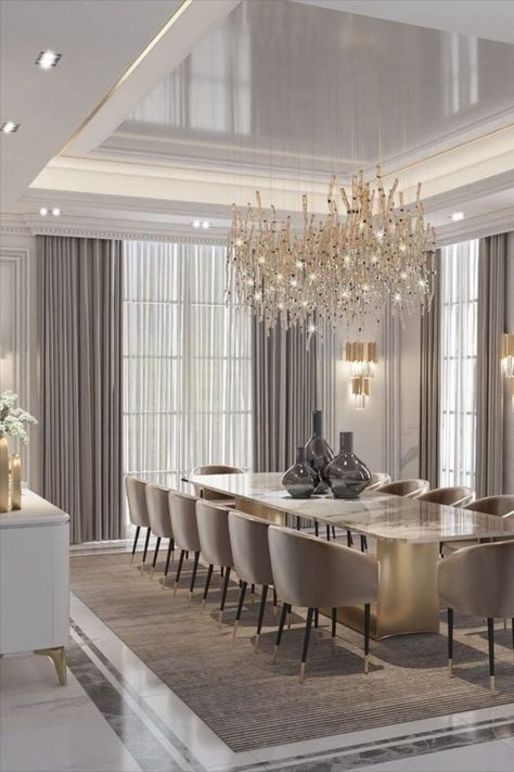 Dining Room 12 Seat, Big Dining Room Ideas Modern, Big House Dining Room, Luxurious Dinner Table, Dining Room Penthouse, Luxury Formal Dining Room, 20 Seater Dining Table, Morden Dinning Room, Mansion Dining Room Luxury