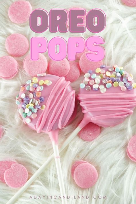 These Valentine Oreo Pops are perfect for kids' parties and adult events alike. They are easy to make and look so elegant. Only a few ingredients are needed to make these eye-catching treats any time of the year. Made with Oreos, Candy Melts and Sprinkles. Pink Oreo Cookies, Donat Glaze, Oreo Cookie Pops, Barbie Theme Party, Idee Babyshower, Candy Land Christmas Decorations, Candy Land Christmas Tree, Barbie Birthday Party, Barbie Theme