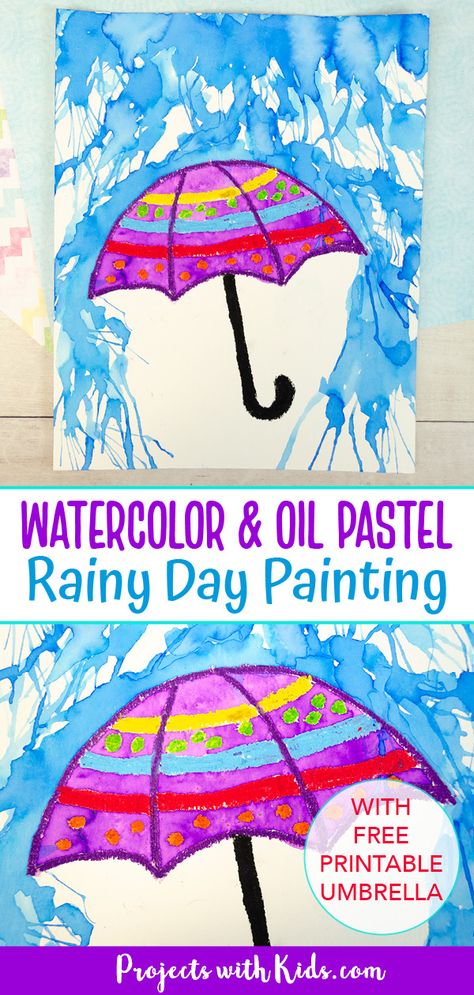 Kids will use blow painting with straws and oil pastels to make this awesome watercolor rainy day painting! A fun spring art project with a free printable umbrella template. Kindergarten Umbrella Craft, Kindergarten Pastel Art, Grade 1 Art Spring, Spring Art Project Kindergarten, Spring Art Class Ideas, Spring Art Grade Two, Grade 1 Art Ideas Spring, Spring Art Projects For 1st Grade, Easy Art Elementary