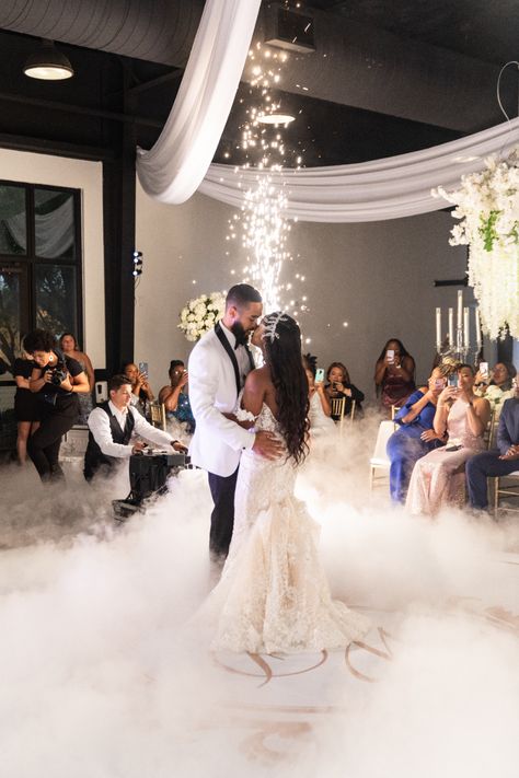 Wedding Inside Receptions, Wedding Fog Machine, Small Wedding Reception Ideas Indoor, Fog Machine Wedding, Wedding Reception Venues Indoor, Dreamy Wedding Reception, Wedding Reception At Home, Wedding Reception Rooms, Bridgerton Vibes