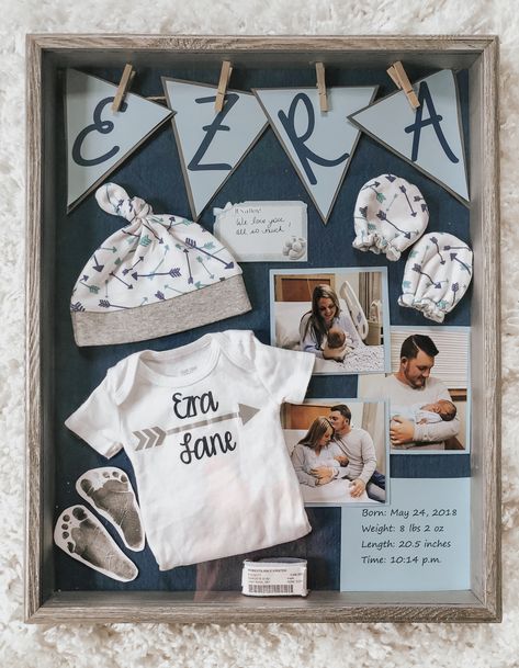 Baby shadowbox - baby keepsakes - baby boy - first outfit - hospital bracelets - birth story memories Hospital Shadow Box Newborns, Hospital Bracelet Keepsake, Birth Memory Ideas, Birth Keepsake Ideas, Birth Room Decoration Hospital, Baby Keepsake Ideas Diy, Baby Boy Shadow Box Ideas, Newborn Keepsake Ideas, Pregnancy Keepsakes