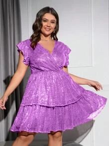 Double Crazy Plus Surplice Neck Butterfly Sleeve Layer Hem Sequin Dress | SHEIN USA Hot Pink Homecoming, Hot Pink Homecoming Dress, Pink Homecoming Dress, Plus Size Summer Dresses, Fuchsia Dress, Butterfly Sleeve, Ruched Bodycon Dress, Butterfly Sleeves, Pink Sequin