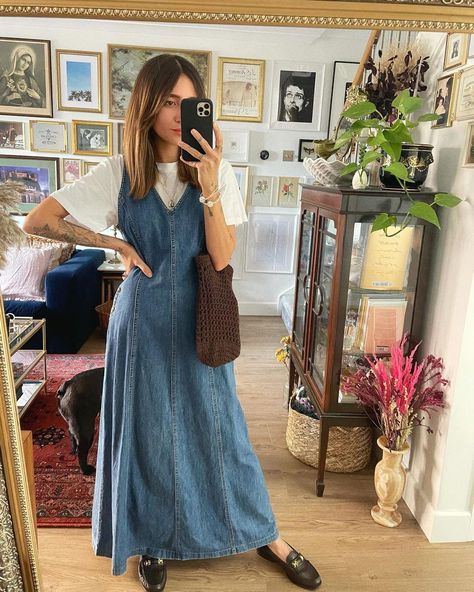 Wearing Dress In Winter, Why You Should Dress Modestly, Vintage Dress Outfit Ideas, Styling Dresses For Fall, Denim Pinafore Dress Outfit Winter, Outfits To Go On A Walk, Vintage Denim Dress Outfit, Denim Dress Maxi, Modest Spring And Summer Outfits