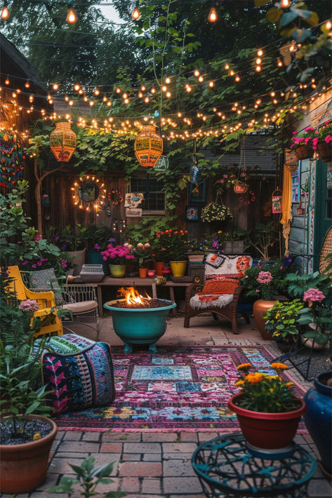 Cheap small garden ideas with a colorful, cozy garden filled with flowers, string lights, and comfortable seating. Small Garden Feature Ideas, Pretty Small Garden Ideas, Colourful Courtyard Garden, Cheap Small Garden Ideas, Rented Garden Ideas, Garden Boho Ideas, Small Courtyard Garden Ideas Budget, Small Patio Garden Ideas Budget, Small Garden Yard Ideas