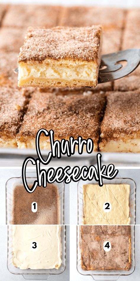 With a buttery, flaky crust, cinnamon sugar topping, and creamy, tangy cheesecake filling, this Churro Cheesecake is both easy to make and ridiculously good. These cheesecake bars require just 6 ingredients and are perfect for serving a crowd! Easy Churro Cheesecake, Cheesecake Churro, Churro Cheesecake Bars, Traditional Mexican Desserts, Cinnamon Desserts, Churro Cheesecake, Cheesecake Bar Recipes, Easy Cheesecake Recipes, Mexican Dessert