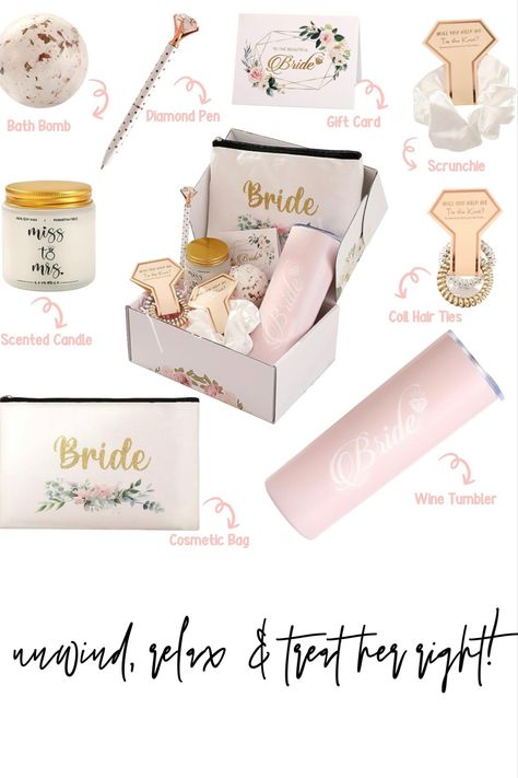 Bridal Shower Box Ideas, Bachelorette Gift Box Ideas, Gift Boxes Business Ideas, Bridal Gift Box Ideas, Bride Boxes Gift Ideas, Bride To Be Present Ideas, Bride To Be Box Ideas, Bride Gift From Bridesmaid, Bridal Gift Ideas For Bride