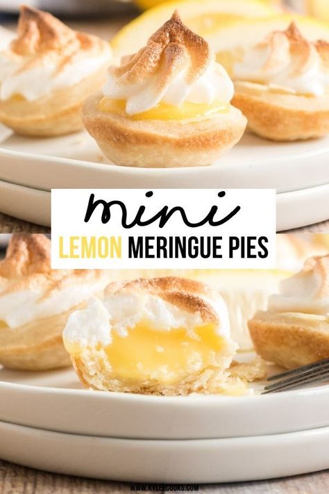 Add a zest of sunshine to your dessert table with these Mini Lemon Meringue Pies! Each bite-sized delight is filled with a tangy, creamy lemon curd, topped with a light, fluffy meringue that's toasted to perfection. The buttery crust adds just the right amount of crunch to this dreamy dessert. These mini pies are not only visually enticing, but they're also a flavorful explosion that strikes a perfect balance between tart and sweet. Meringue, Lemon Meringue Pie Bites, Easy Lemon Meringue Pie, Easy Lemon Meringue, Mini Lemon Meringue Pies, Lemon Meringue Pie Easy, Meringue Pies, Dessert Lemon, Mini Pie Recipes