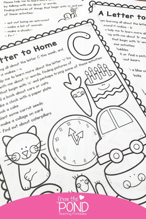 A Letter Home for Kindergarten Homework - 26 easy prep homework pages for the alphabet Montessori, Prek Homework Ideas, Letter K Kindergarten, Preschool Homework Ideas, Preschool Homework Printables, Easy Kindergarten Activities, Letter A Activities For Kindergarten, Kindergarten Homework Ideas, Letter Activities For Kindergarten