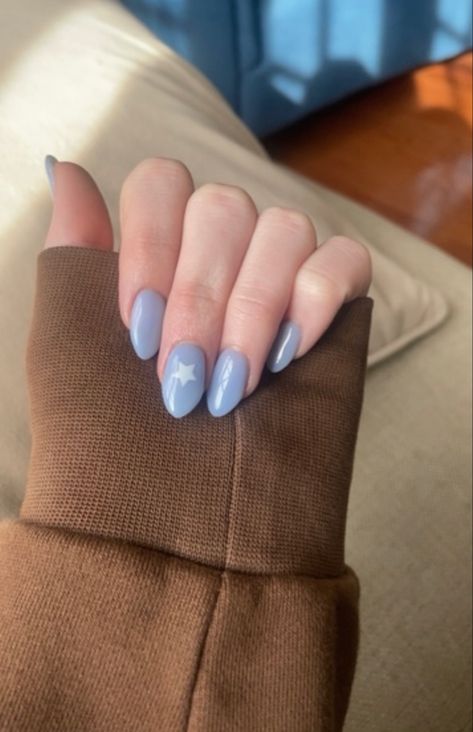 Blue Nails Star Design, Blue Nail Manicure, Blue Nails Almond Shape Short, Blue Nails Aesthetic Almond, Blue Nail Designs Easy, Simple Light Blue Nails Short, Gel Blue Nail Designs, Simple Gel Nail Ideas Short, Blue Heart Nails Short