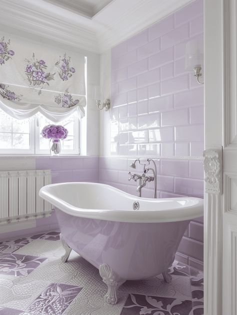 Lavender And White Bathroom, Purple Themed Bathroom, Purple And Blue Bathroom, Aesthetic Room Color, Purple House Aesthetic, Cute Bathroom Ideas Aesthetic, Dark Purple Bathroom, Light Purple Bathroom, Purple Bathroom Ideas