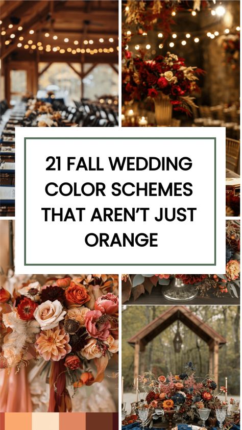 Fall weddings are a wonderful choice for many reasons. The weather is usually mild and comfortable, making it pleasant for both the couple and their guests. Check these 21 Fall Wedding Color Schemes for bouquets, aisles, flowers and more. Fall Wedding Romantic, Fall Wedding Reception Tables Color Schemes, Trending Fall Wedding Colors, Fall Color Flowers Wedding, Fall Wedding Fun Ideas, September Fall Wedding, Cozy Wedding Colors, Harvest Wedding Colors, Fall Wedding Colors Men