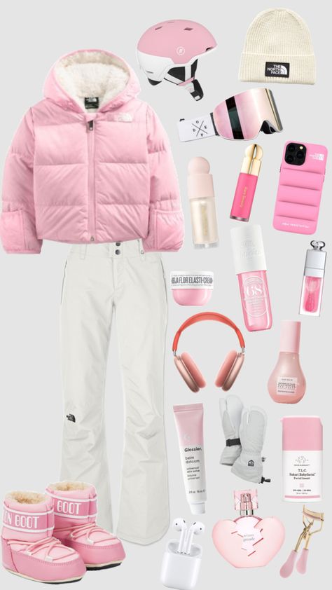 #winter #pink #preppy Skiing Outfit Pink, Girly Snowboard Outfit, Shuffle Outfit Winter, Preppy Skiing Outfit, Pink Winter Fits, Pink Skiing Outfit, Preppy Winter Outfits Cold Weather, Pink Snow Outfit, Ski Aesthetic Outfits