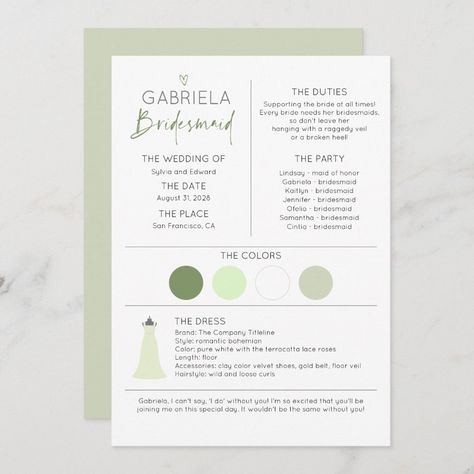 Bridesmaid Information Card, Template Proposal, Bridesmaids Proposal, Bridesmaid Duties, Bridesmaid Invitation, General Ideas, Be My Bridesmaid Cards, Information Card, Bohemian Colors