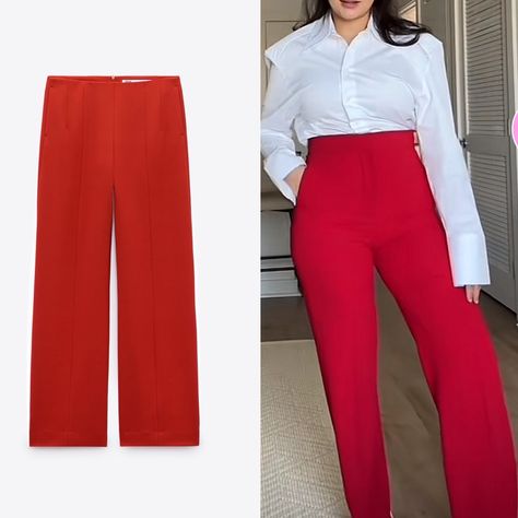 Zara New With Tags Size Small Studio Limited Edition Low Rise Pants With Side Hidden Pockets. Featuring A Pronounced Seam Detail And A Hidden Zipper At The Back. Color: Red Made In Morocco Outer Shell: 68% Polyester, 29% Viscose, 3% Elastane Estimated Measurements: Waist 28in (All Around) Rise 10in Inseam 32.5in Low Length Width 10.5in Z-D Luxury Pants, Business Pants, Formal, Office Wear, Party, Casual, Christmas Night, New Year’s Eve Wear, Cocktail Red Trousers Outfit, Formal Office Wear, Black Flared Trousers, Luxury Pants, Black Dress Trousers, Brown Trouser, Pants Formal, Zara Suits, Dark Blue Suit