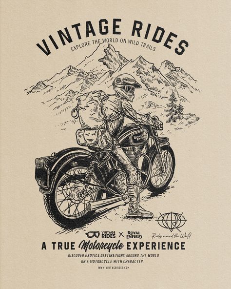 Vintage Rides, Logotype redesign and Merch design. Vintage Rides is a specialized motorcycle travel agency offers road trips and motorcycle raids in Asia, Africa, South America... Alexramonmas Studio® Design Motorcycle T Shirt Design, Motorcycle Tshirt Design, Motorcycle Road Trip, Vintage Motorcycle Art, Vintage Tshirt Design, Biker Logo, T Shirt Illustration, Motorcycle Drawing, Motorcycle Illustration