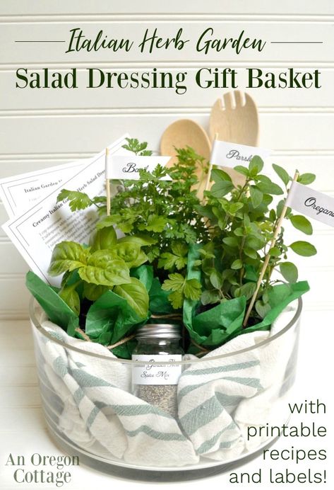 Create an herb garden inspired gift basket that includes spices, herb plants, and printable recipes to make 2 kinds of Italian Herb Salad Dressings. Perfect for weddings, birthdays or any foodie lovers! #giftbasket #diygift #herbs #herbgarden #saladdressing #freeprintables #anoregoncottage Italian Herb Garden, Herb Garden Gift, Garden Salad Dressing, Herb Gifts, Gardening Gift Baskets, Herb Plants, Printable Recipes, Herb Salad, Themed Gift Baskets