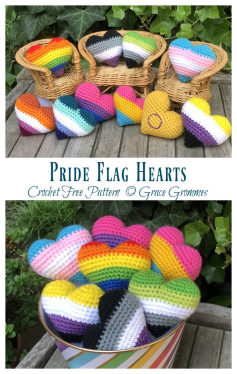 Pride Flag Hearts Crochet Free Pattern Crochet Project Free, Quick Crochet Patterns, Crotchet Patterns, Crochet Shop, Crochet Animals Free Patterns, Crochet Design Pattern, Beginner Crochet Projects, Rainbow Crochet, Crochet Amigurumi Free